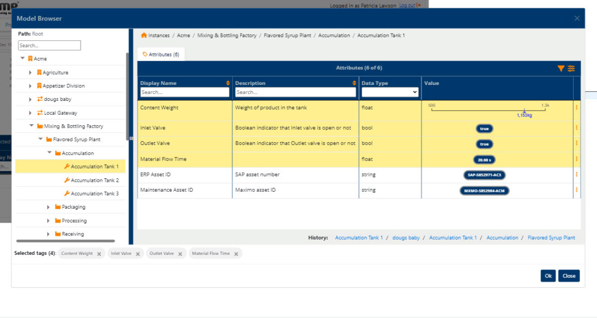 Search your model and pick attributes and tags for use in Trends, Model Editor, Process Stability Analyzer and other applications.